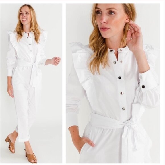 CUSTOMMADE White Ruffle Long Sleeve Cotton Jumpsuit - Picture 1 of 16